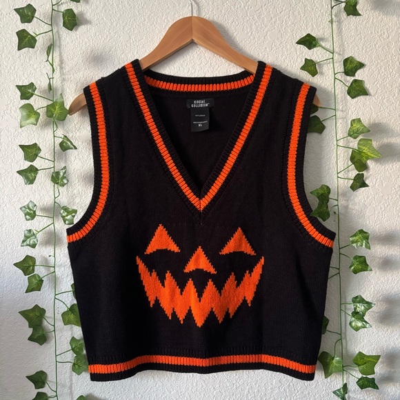 Social Collision Halloween Pumpkin Sweater Vest Black and Orange Size XL - Picture 1 of 8